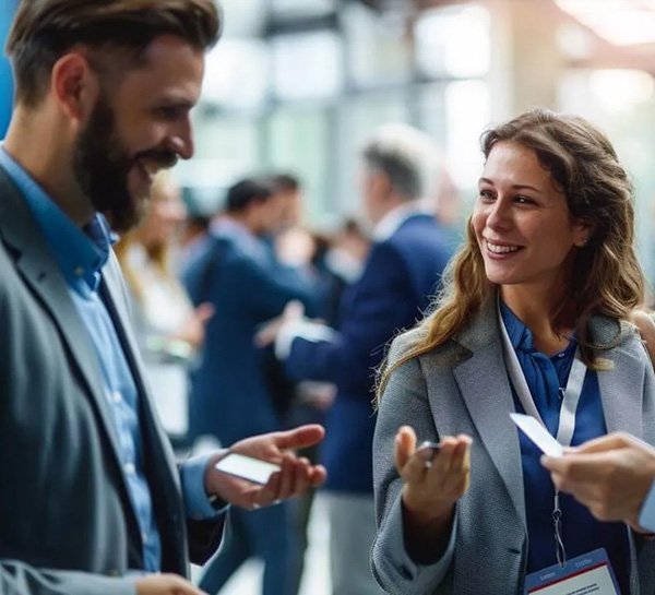 A man and a woman in a professional discussion about Buisklem’s perimeter security solutions at the Perimeter Protection trade show in Nuremberg, Germany.