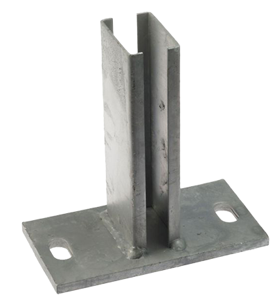 Buisklem galvanised base plates for securely anchoring fence posts on concrete or rigid surfaces, ensuring stability and corrosion resistance.