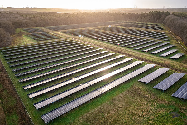 Solar park perimeter secured with Buisklem barbed wire arms to protect solar panels and equipment from unauthorised access.
